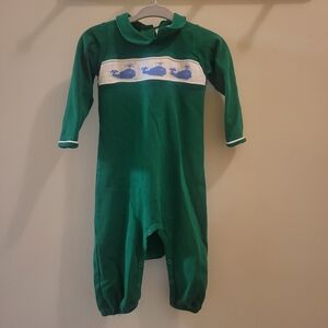 The Beaufort Bonnet Company Green Smocked Whale Coveralls